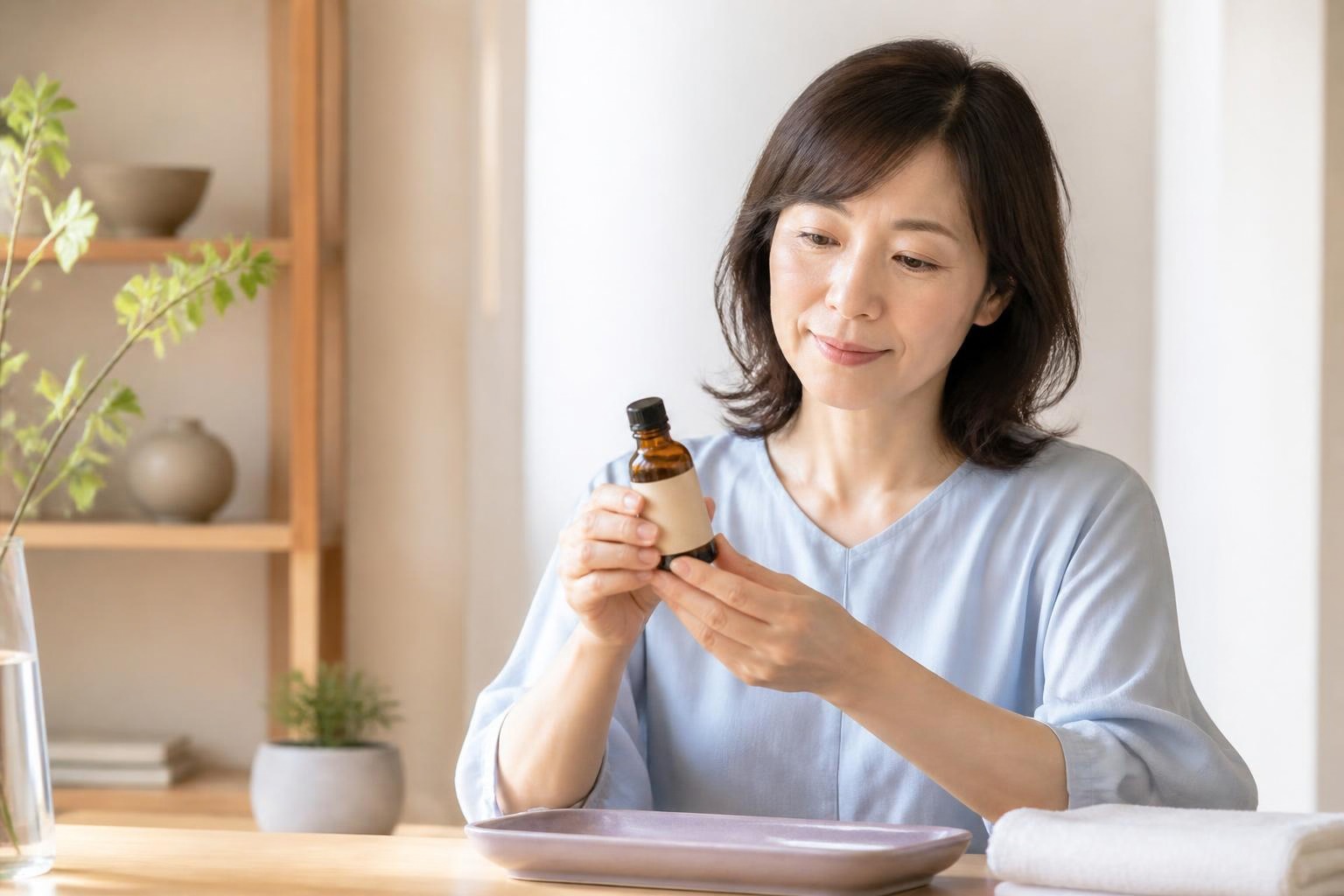 明るい部屋で手にしたオイルの瓶を眺める女性
