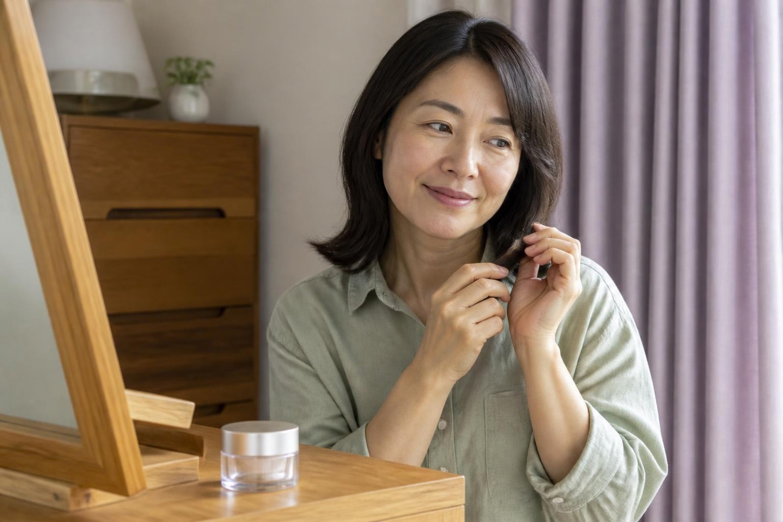 鏡台の前で毛先をやさしく整える女性と小さな化粧品容器