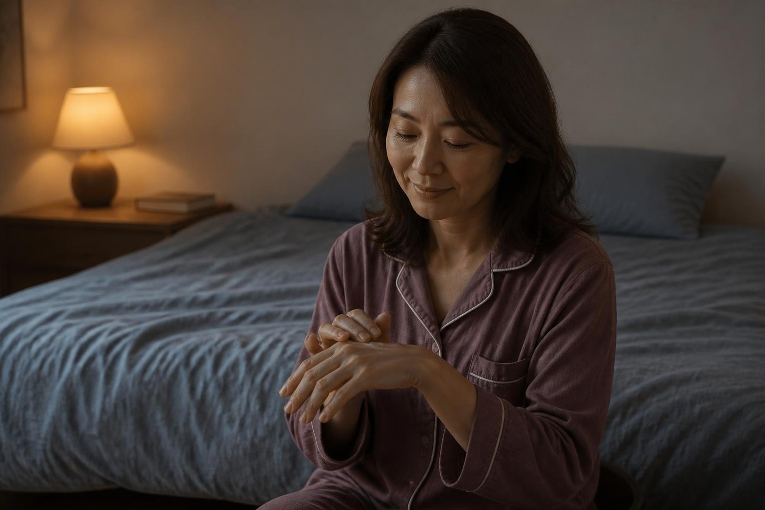 やわらかな灯りの寝室で、手元のクリームをゆっくりなじませる女性