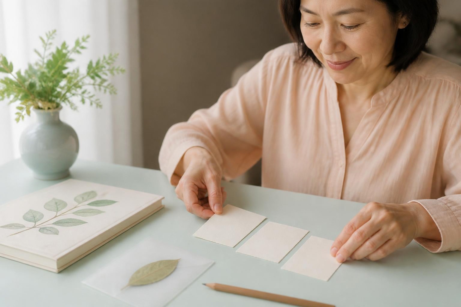 植物の本のそばに読後の発見を書く三枚のカードを並べる女性