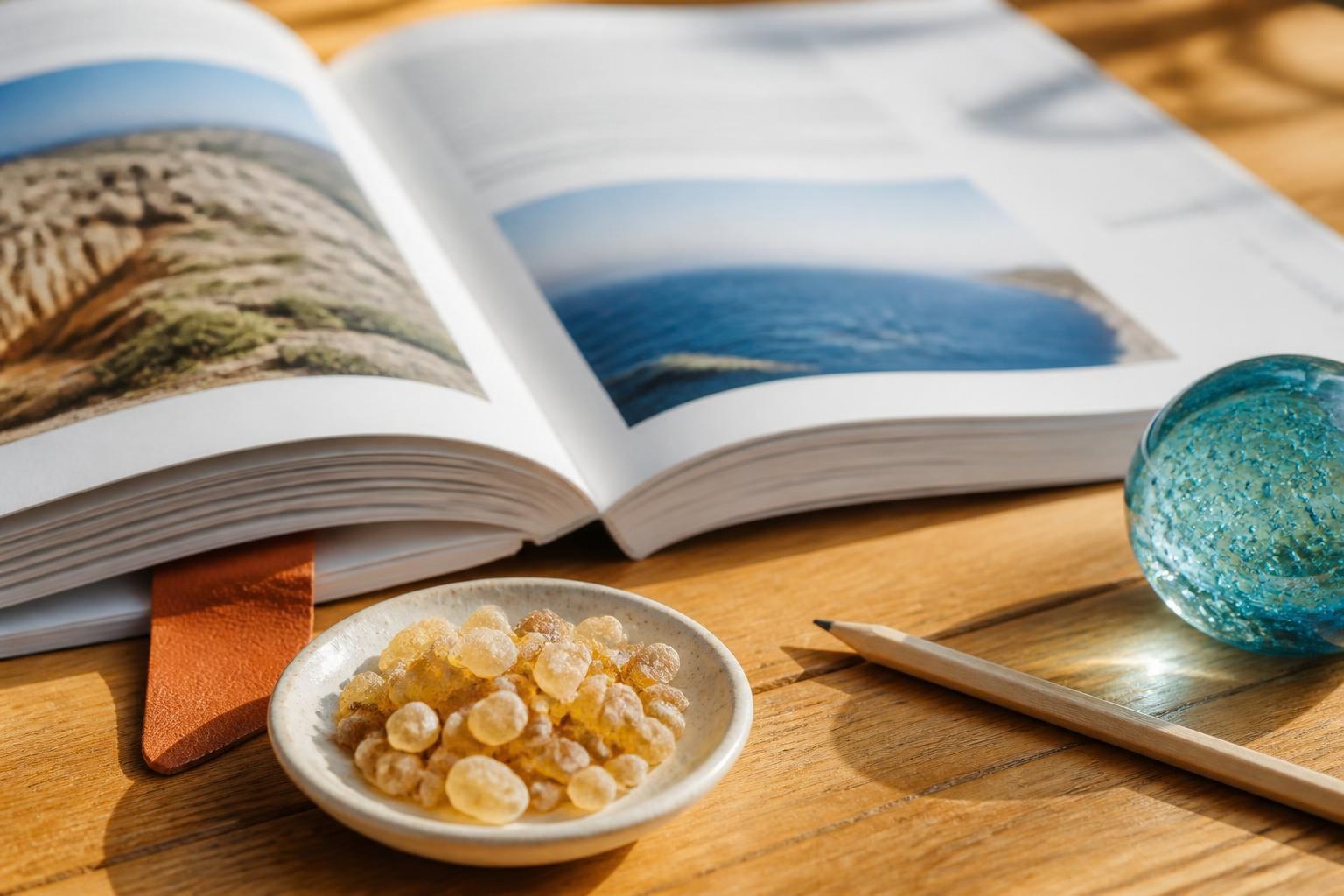 旅の資料と樹脂の小皿を並べて香りの背景を読む机