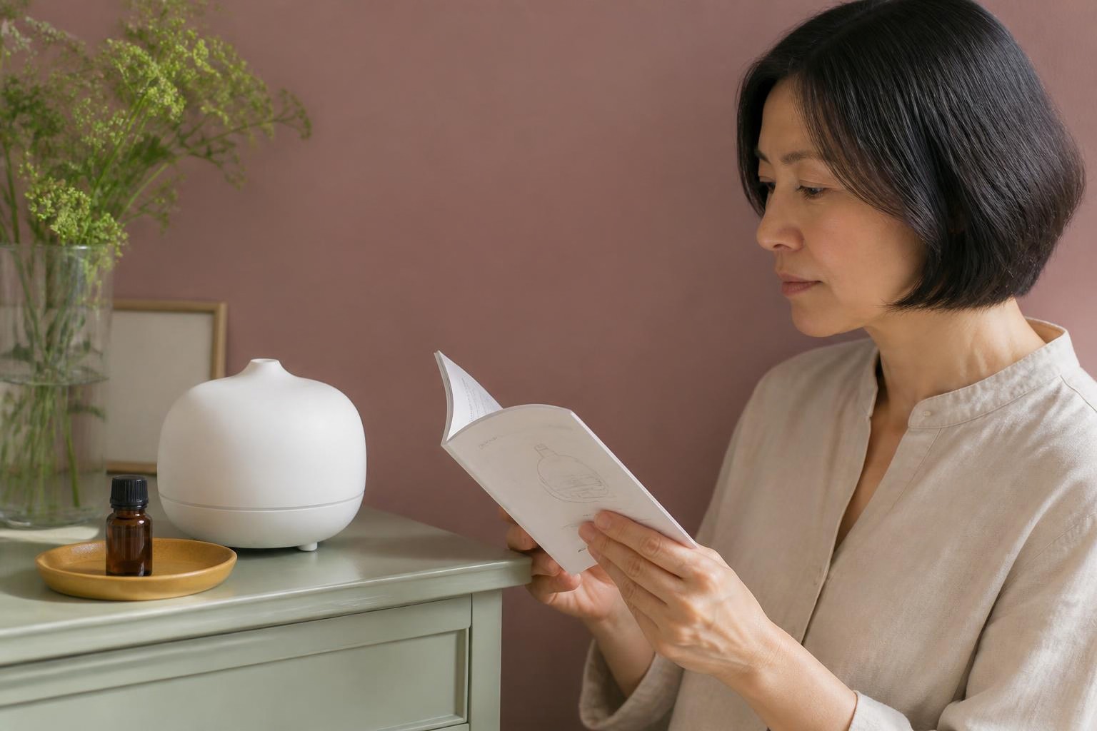 白いディフューザーのそばで説明書を読む女性