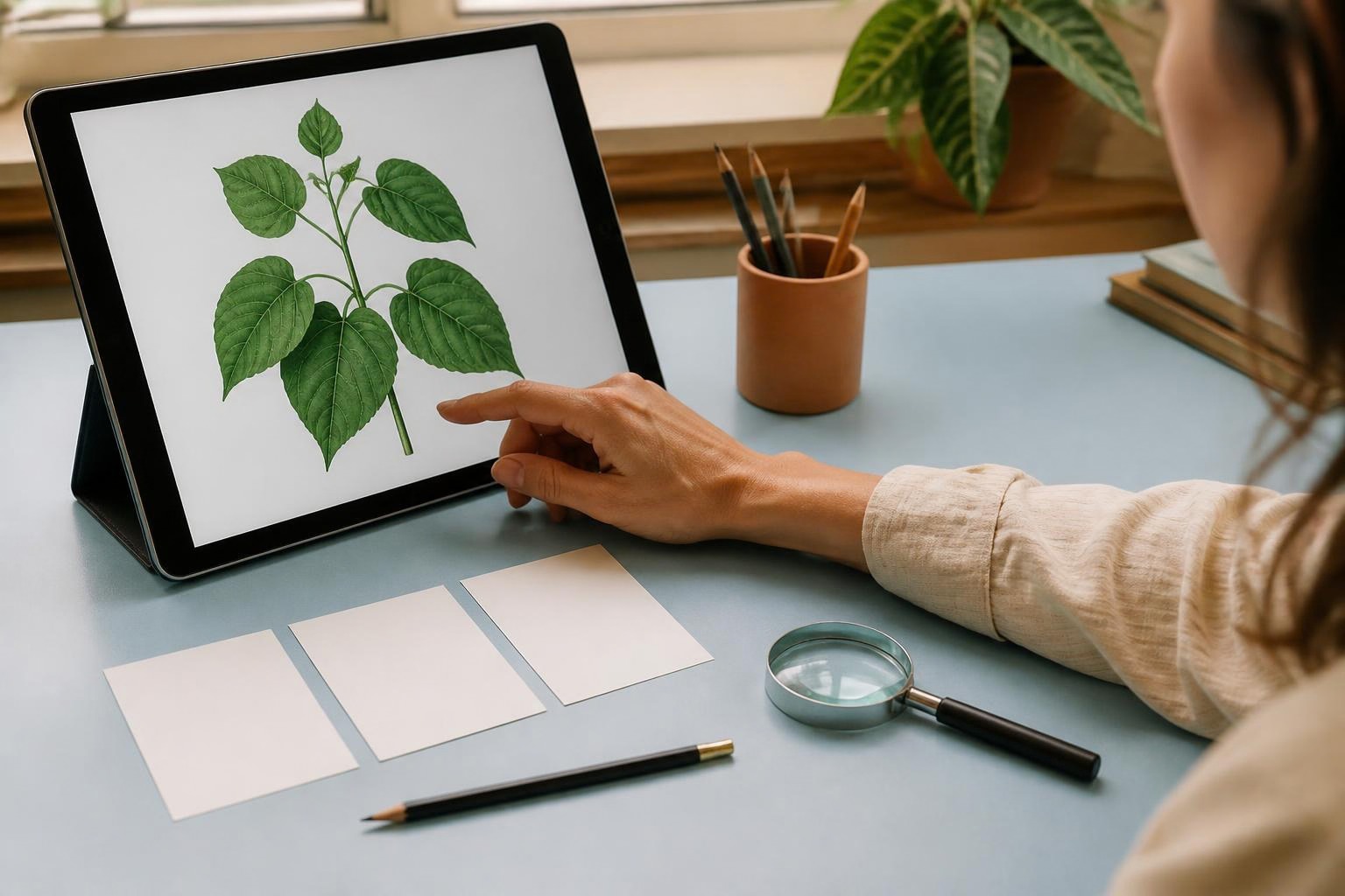 タブレットの植物図を観察し記録カードを用意した机