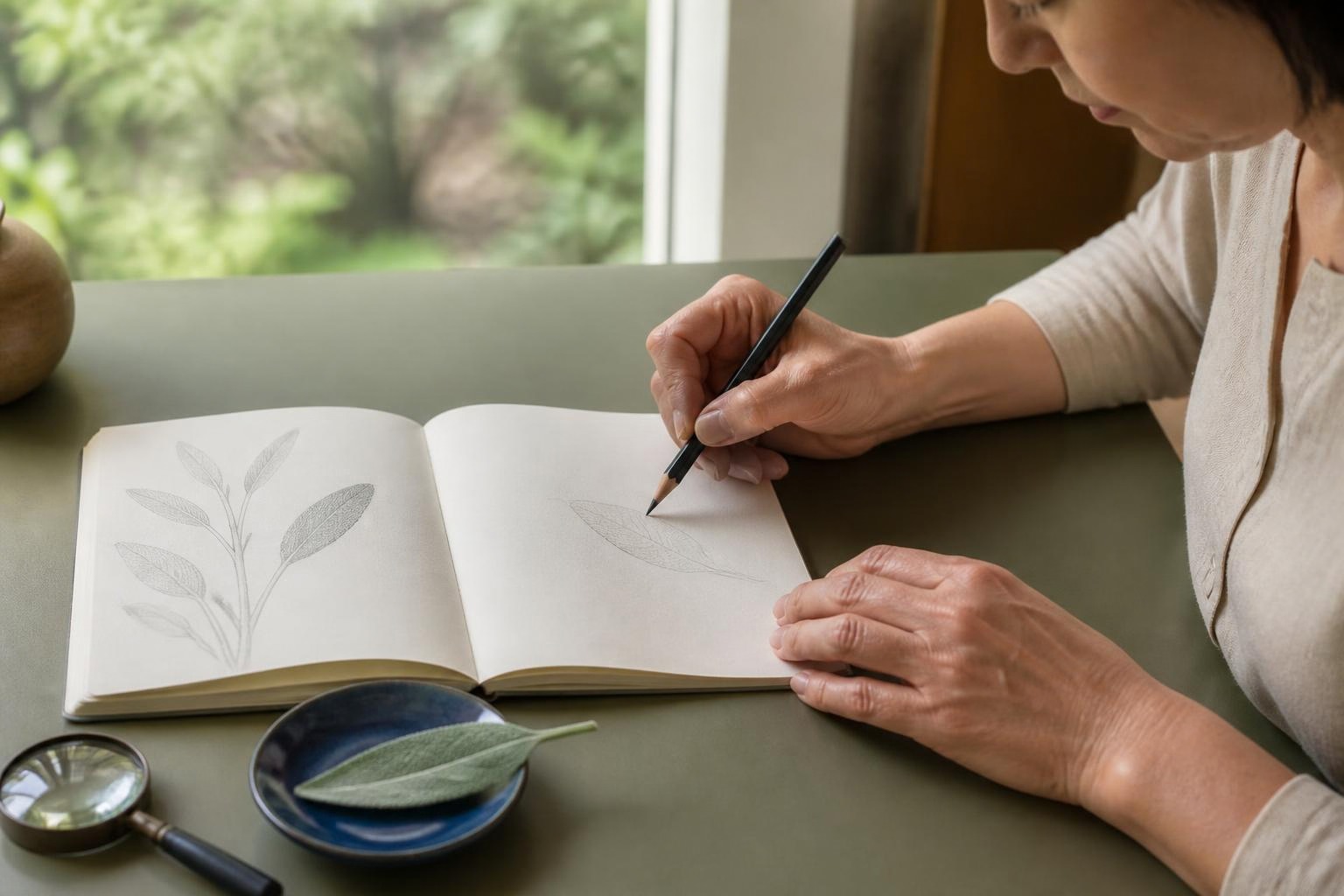 葉の輪郭を観察しながらスケッチブックへ描き留める女性の手元