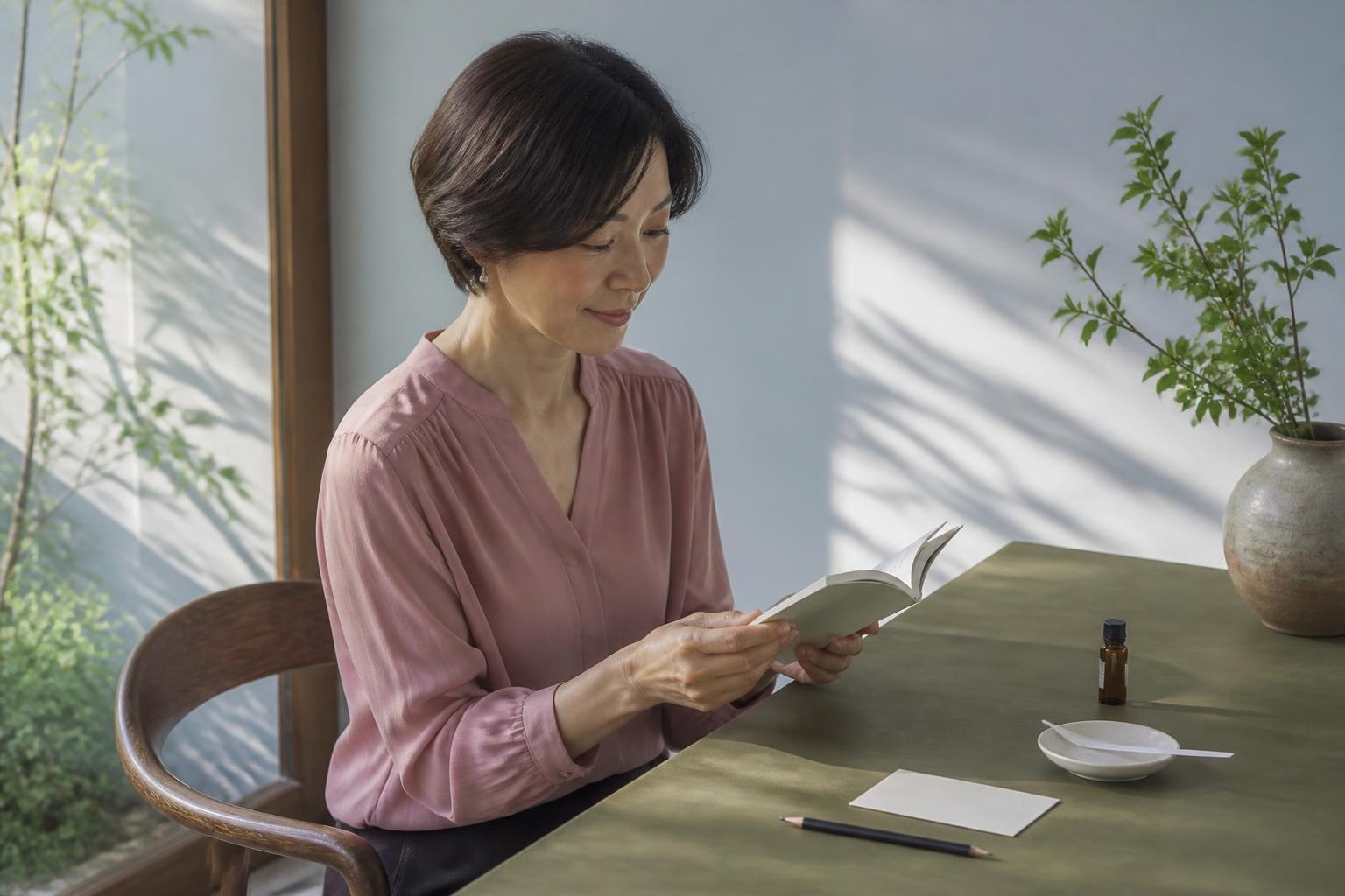 明るい窓辺で香りの資料を読み小瓶とムエットを用意する女性