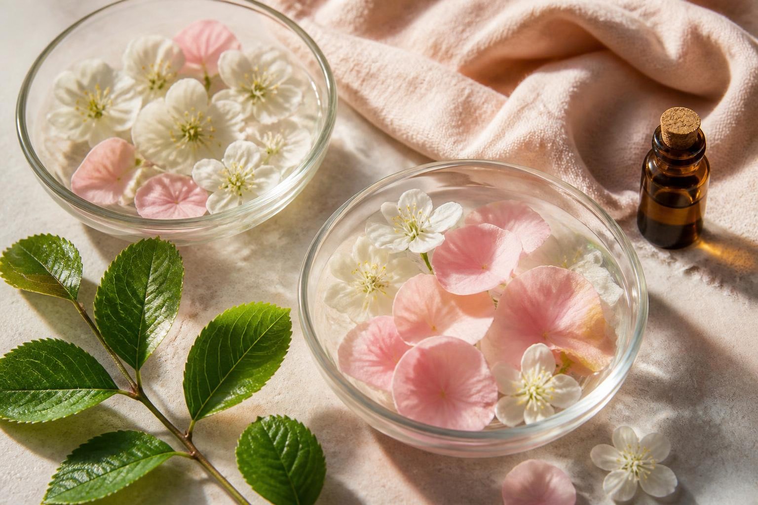 白い花とピンクの花びら、緑の葉で表現したフローラルな香りのイメージ