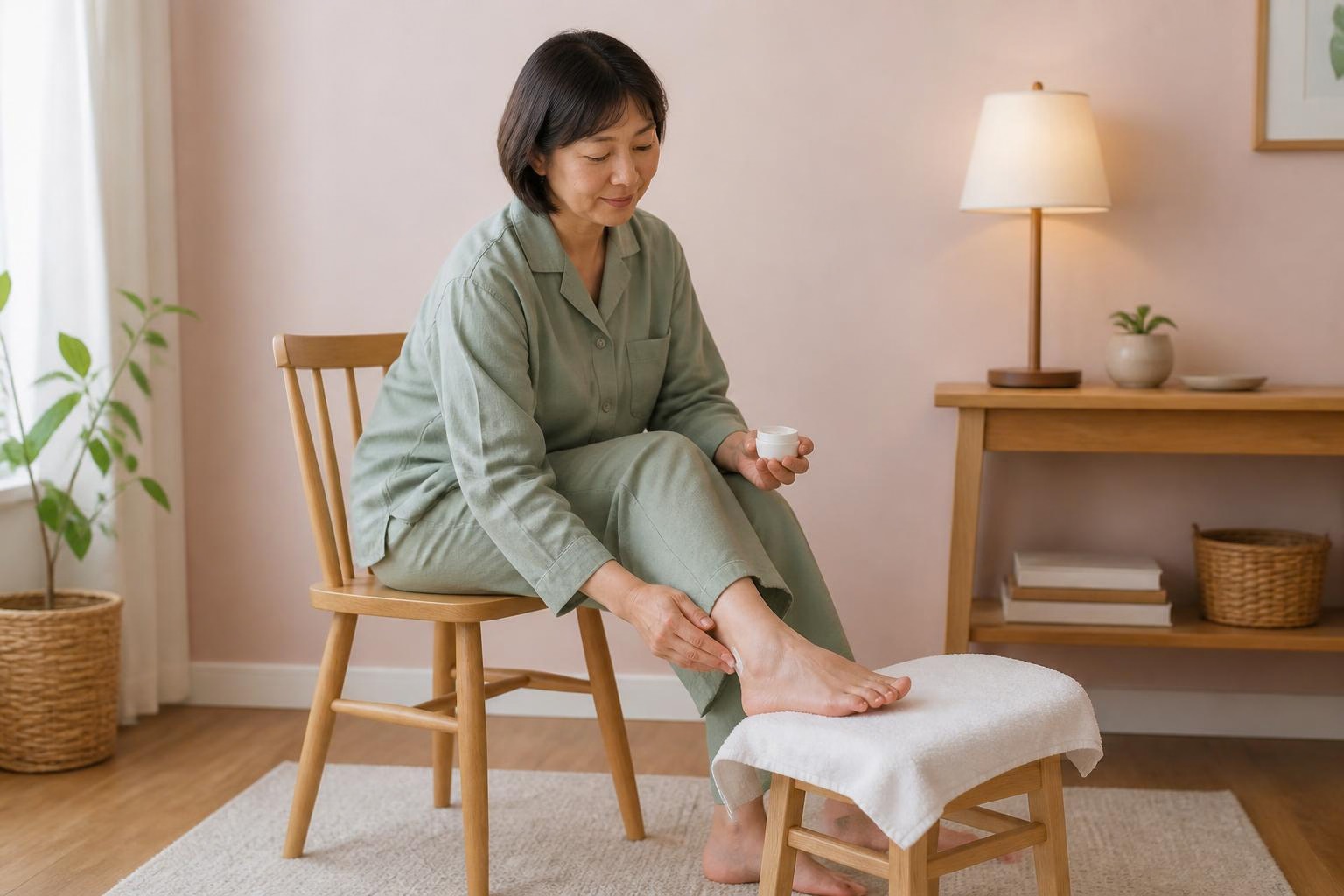 安定した椅子に座り、タオルを敷いた台に足を置いて保湿する女性