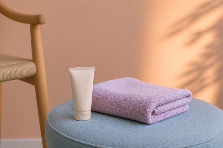 椅子のそばの水色の足置きに用意した、白いクリームのチューブと薄紫のタオル