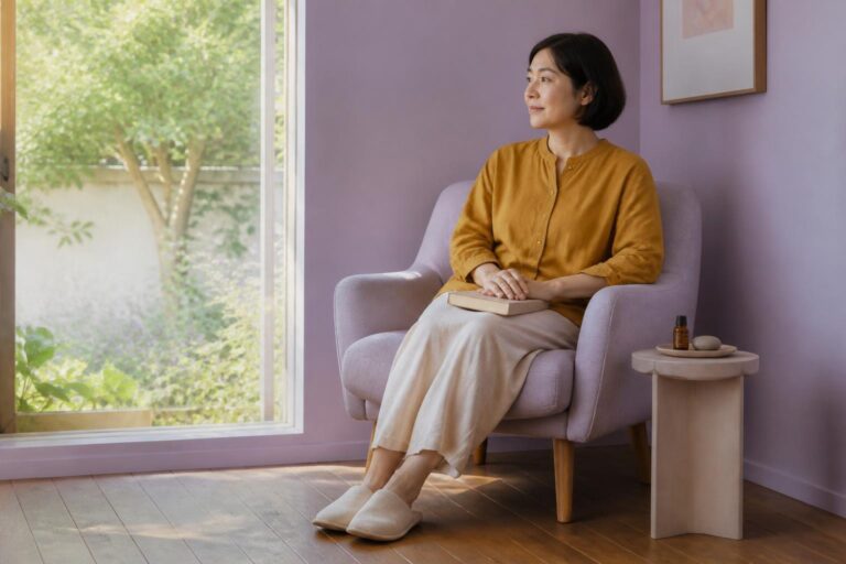 淡い紫の椅子で本を閉じ、庭を眺めて静かに過ごすマスタード色の服の女性