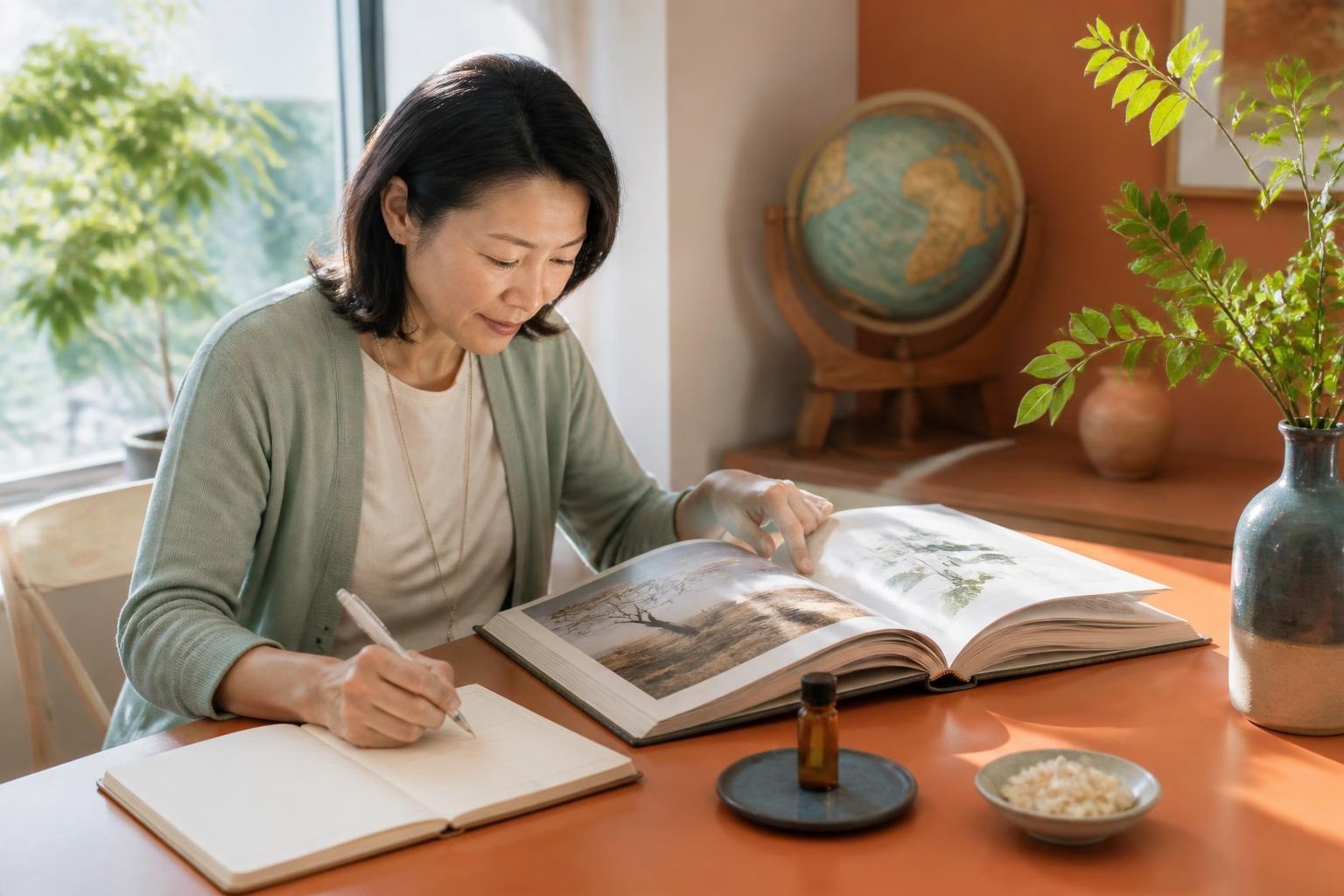 植物の資料を読み香りの原料や産地をノートへ記録する女性