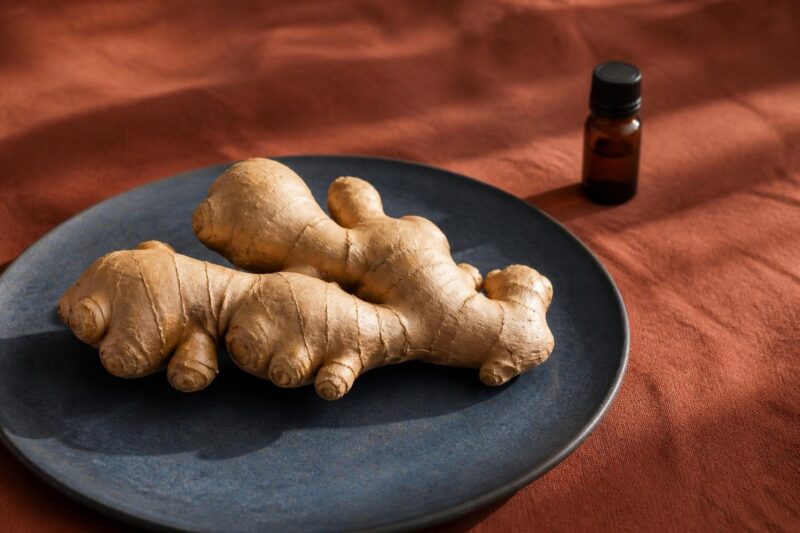 深い青の皿に置かれた節のあるショウガの根茎と小さな遮光瓶