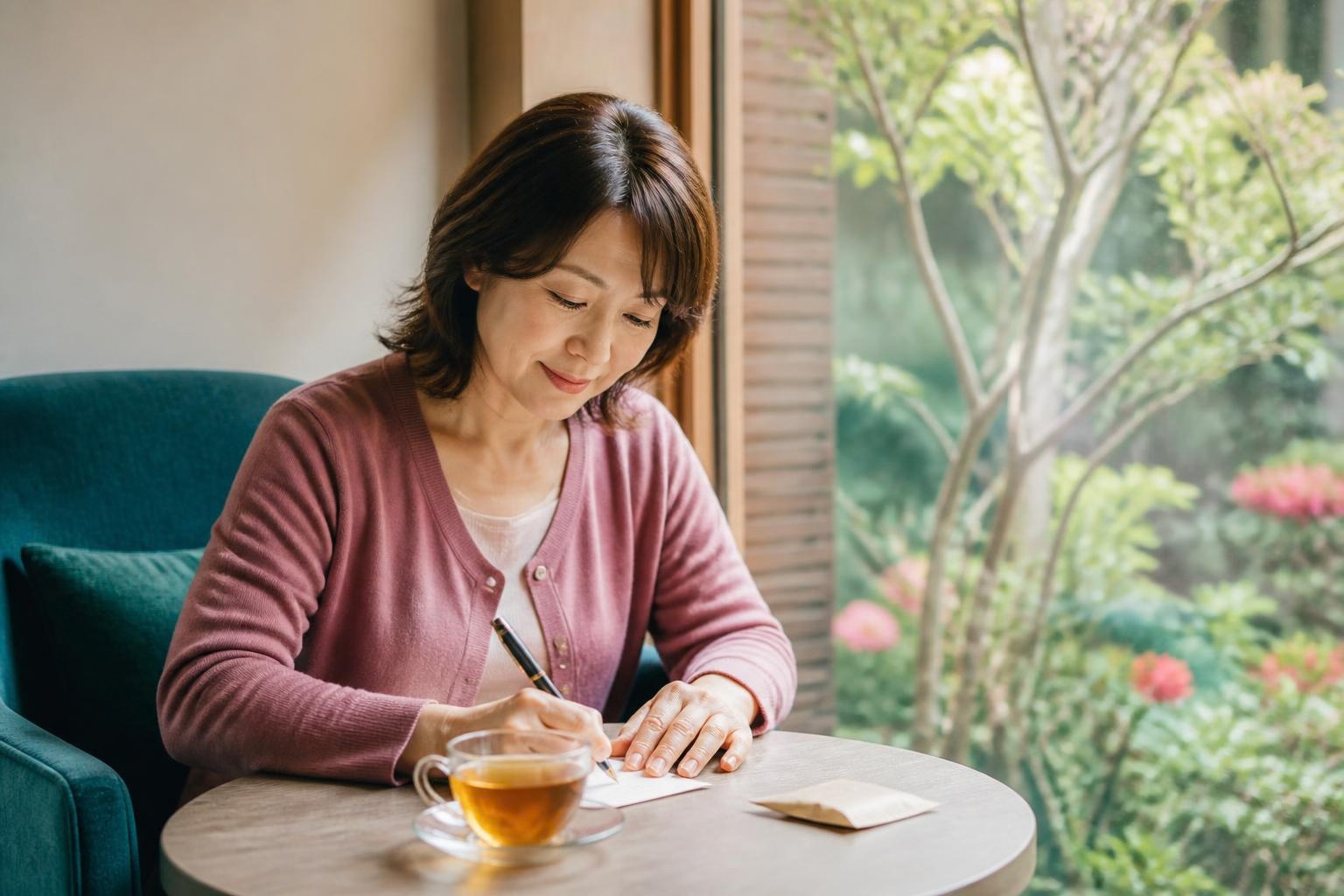 窓辺でハーブティーを楽しみながら、香りや味の感想をカードに残す女性