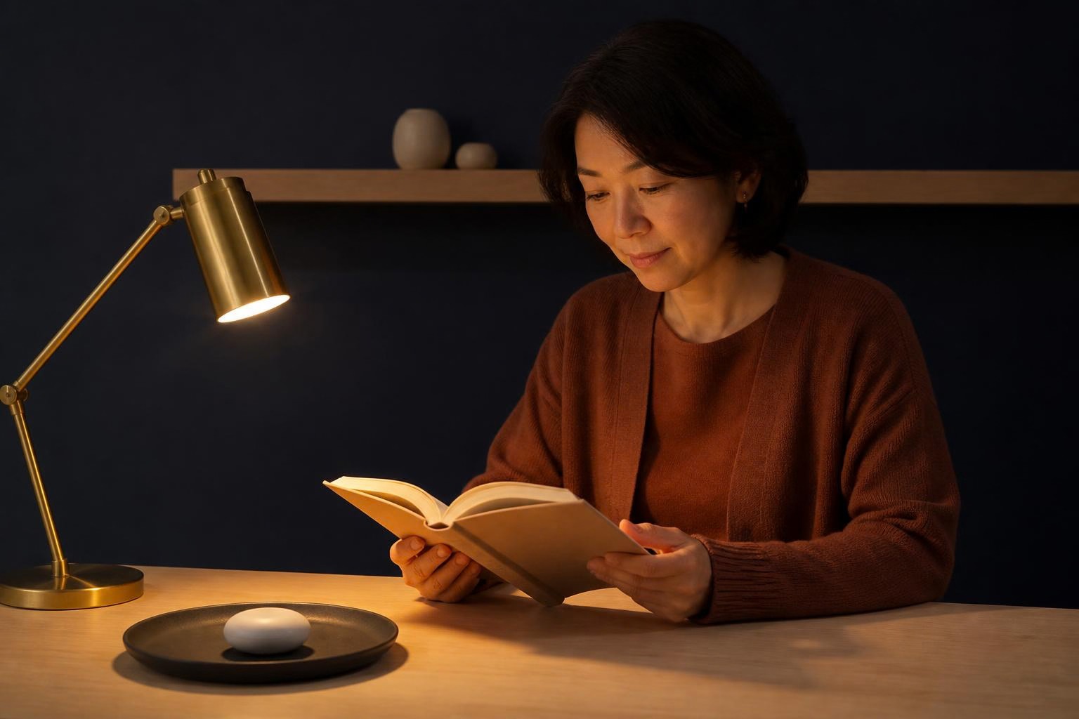 手元の灯りで本を読む女性と机の上に置いたアロマストーン