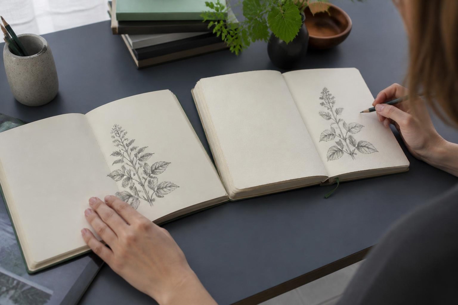 植物の図を見ながら別のノートに描き写す手元