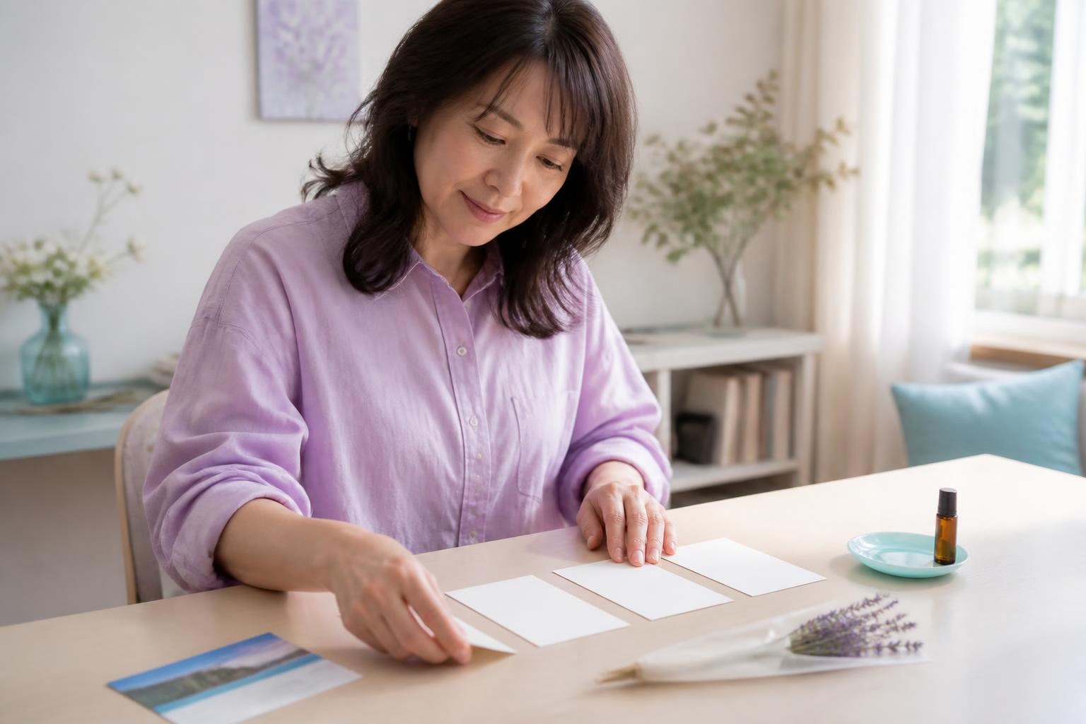 香りとの出会いを記すカードを机に並べる女性