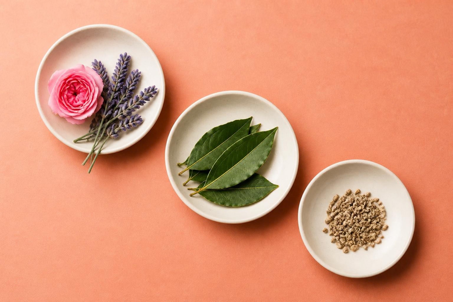 コーラル色の背景に、花、葉、種子を三つの器で並べた植物素材のイメージ