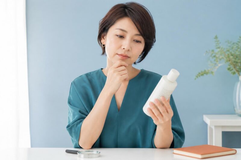 青緑の服の女性が化粧品のボトル表示を手に取って確かめる場面