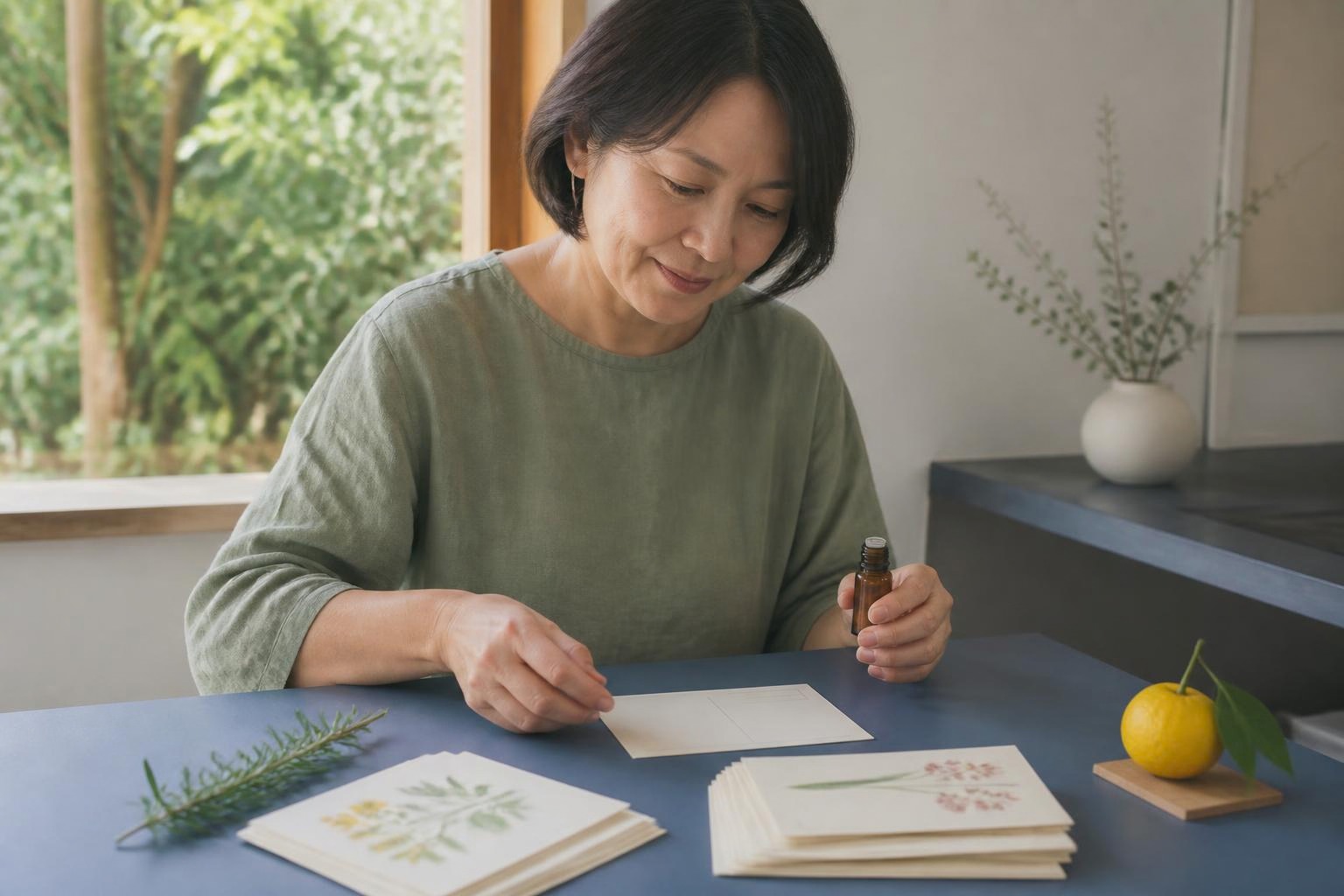 植物のカードや柑橘を机に並べ香りの記憶を整理する女性