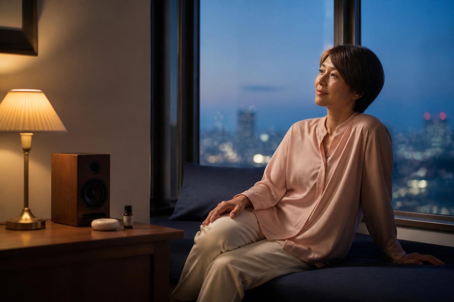 夕暮れの窓辺で音楽を聴きながらくつろぐ女性とアロマストーン
