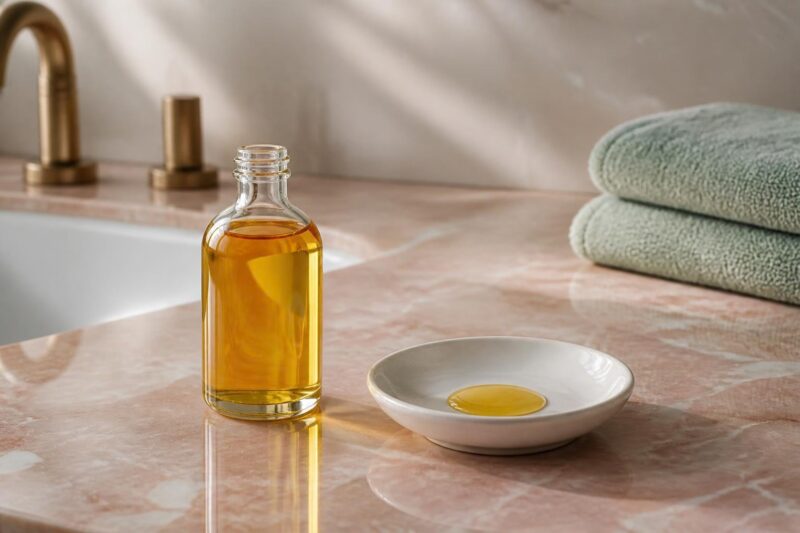 淡いローズ色の洗面台に置いた金色のホホバオイルのイメージ