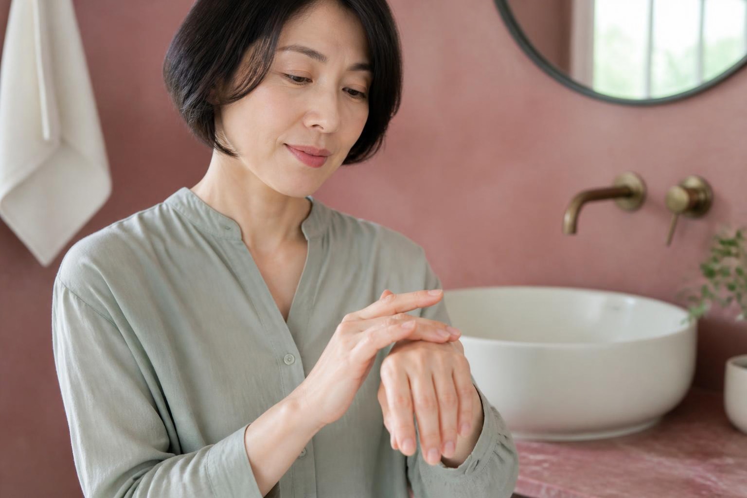 明るい洗面室で手元のオイルケアを楽しむ女性