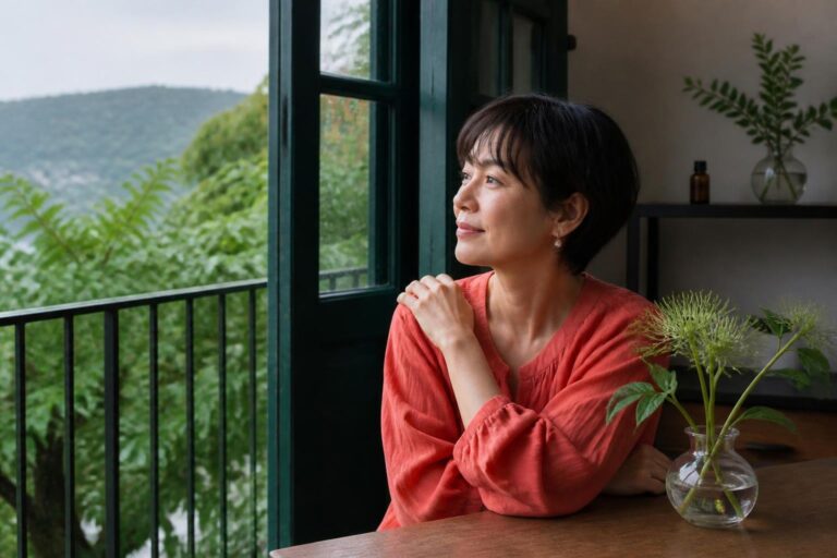 緑の窓枠と雨上がりの景色を背景に、コーラル色の服で静かに過ごす女性