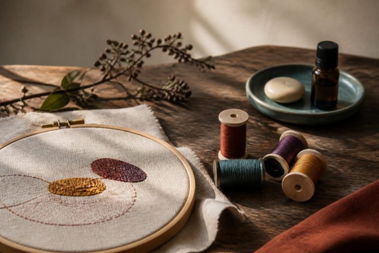 木の机に並ぶ刺繍枠と深い青緑・プラム色の糸、香りの道具