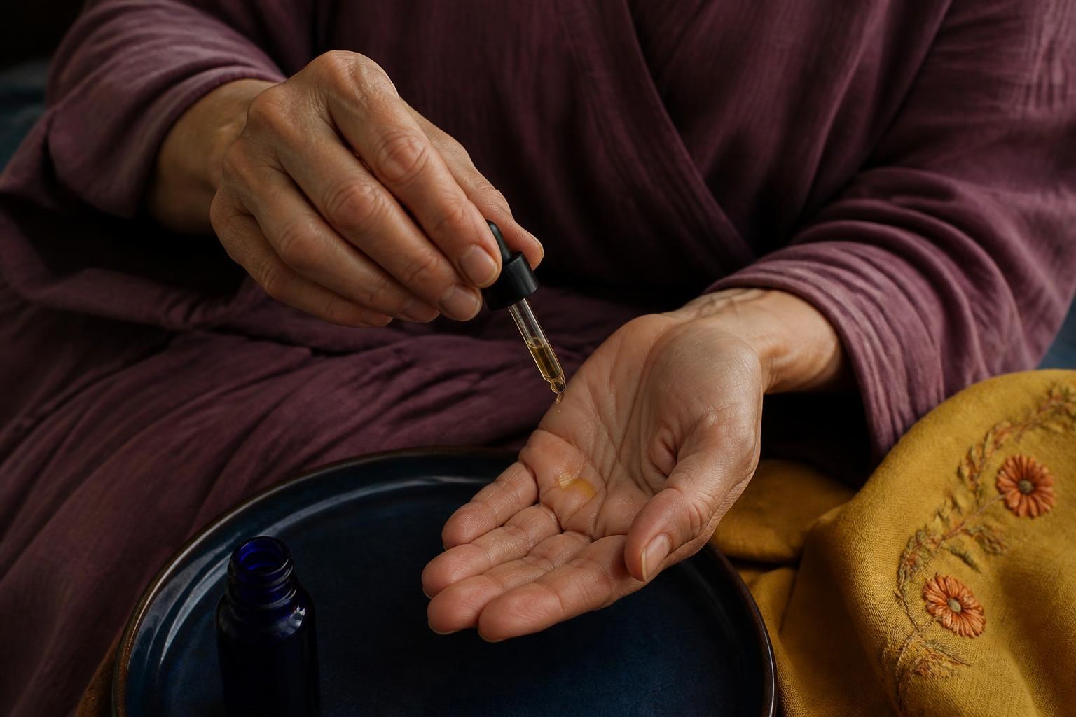 紫色の服を着た女性が手のひらに少量のオイルを取る様子