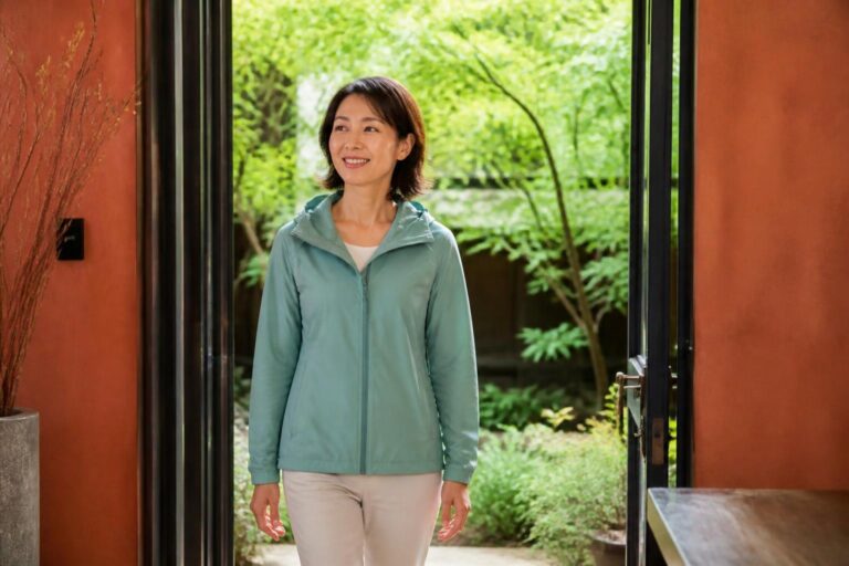 緑の庭から帰宅し、赤茶色の玄関で穏やかに微笑む青緑の上着の女性