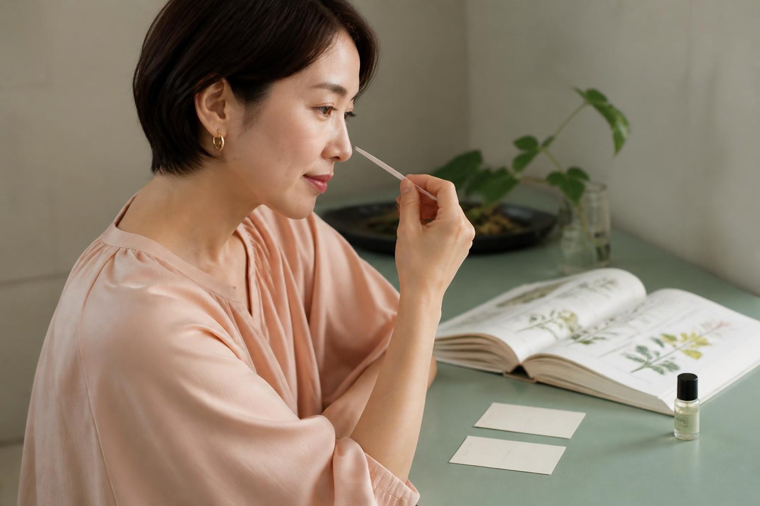 植物の本を開いた机でムエットの香りを確かめる女性