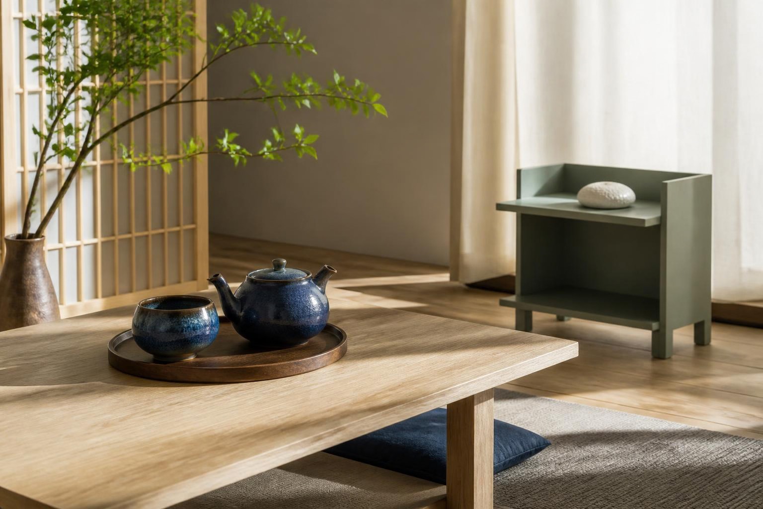 青い茶器のあるテーブルと離れた棚に置かれた白いアロマストーン