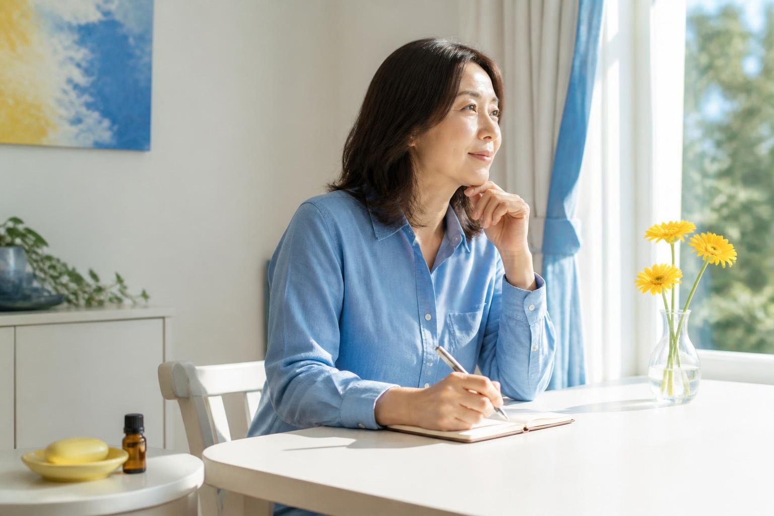 青いシャツの女性が黄色い花のある明るい窓辺で手帳に書く朝の時間