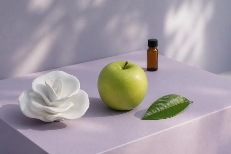 薄紫の台に並べた白い陶器の花、青リンゴ、緑の葉