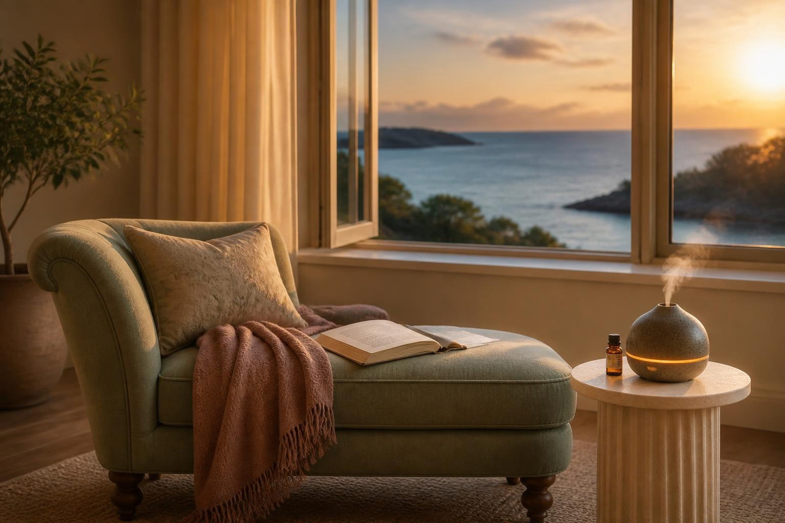 夕焼けの海を望む部屋で、淡い緑の椅子と開いた本のそばに芳香器を置いた読書空間