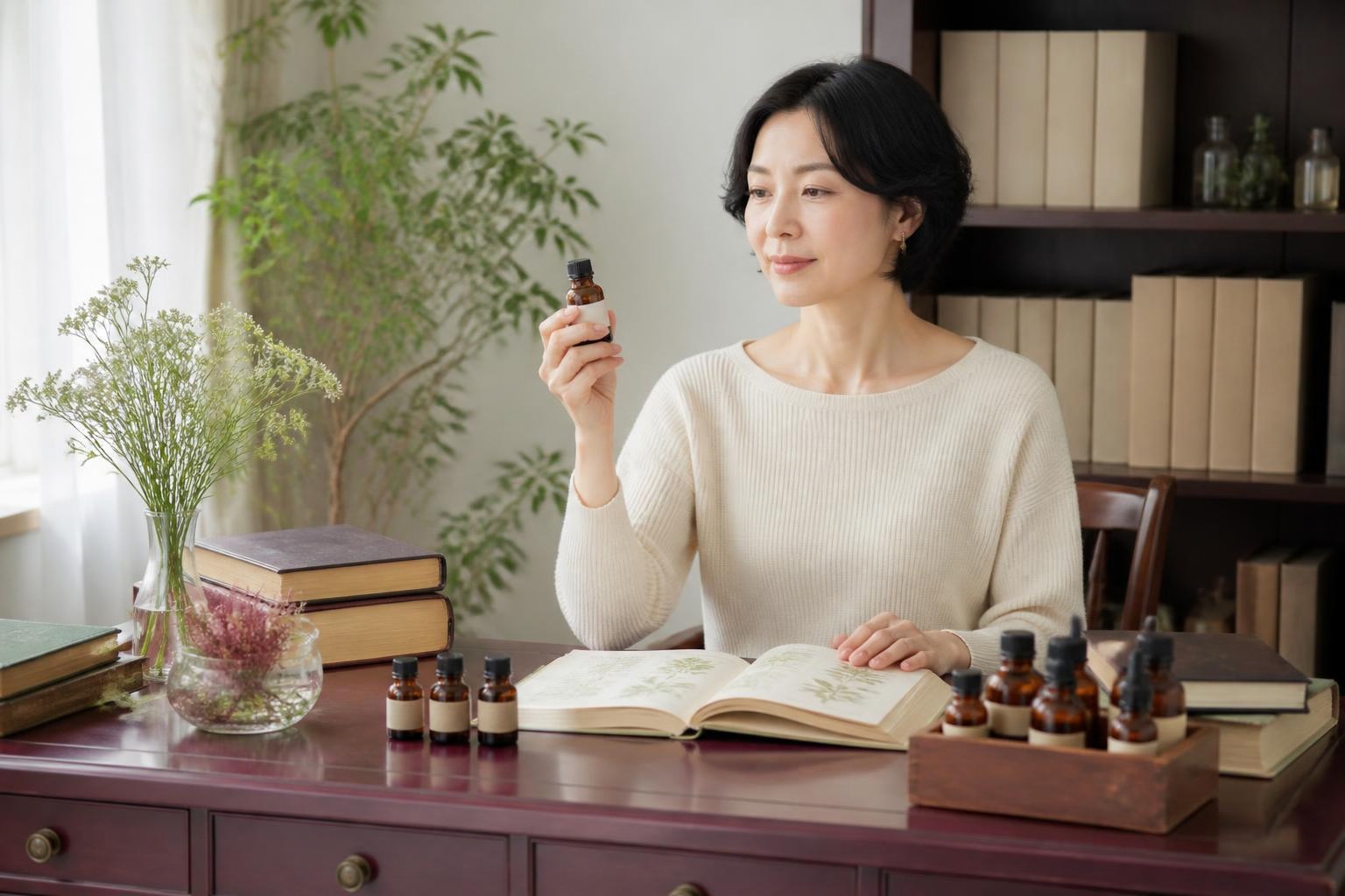 プラム色の机で精油瓶のラベルを読み、香りの知識を楽しむクリーム色の服の女性