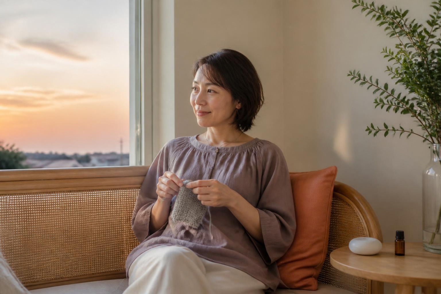 夕方の窓辺で編み物を楽しむ女性と、そばに置いたアロマストーン