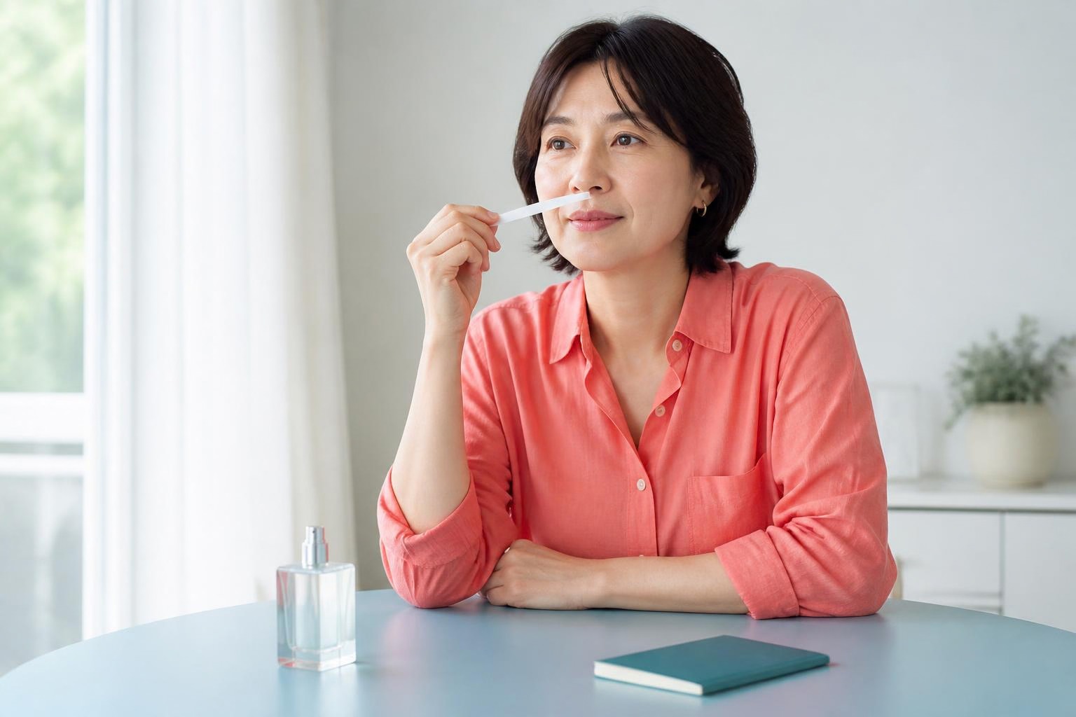 試香紙を手に取り香りを確かめる珊瑚色のシャツの女性