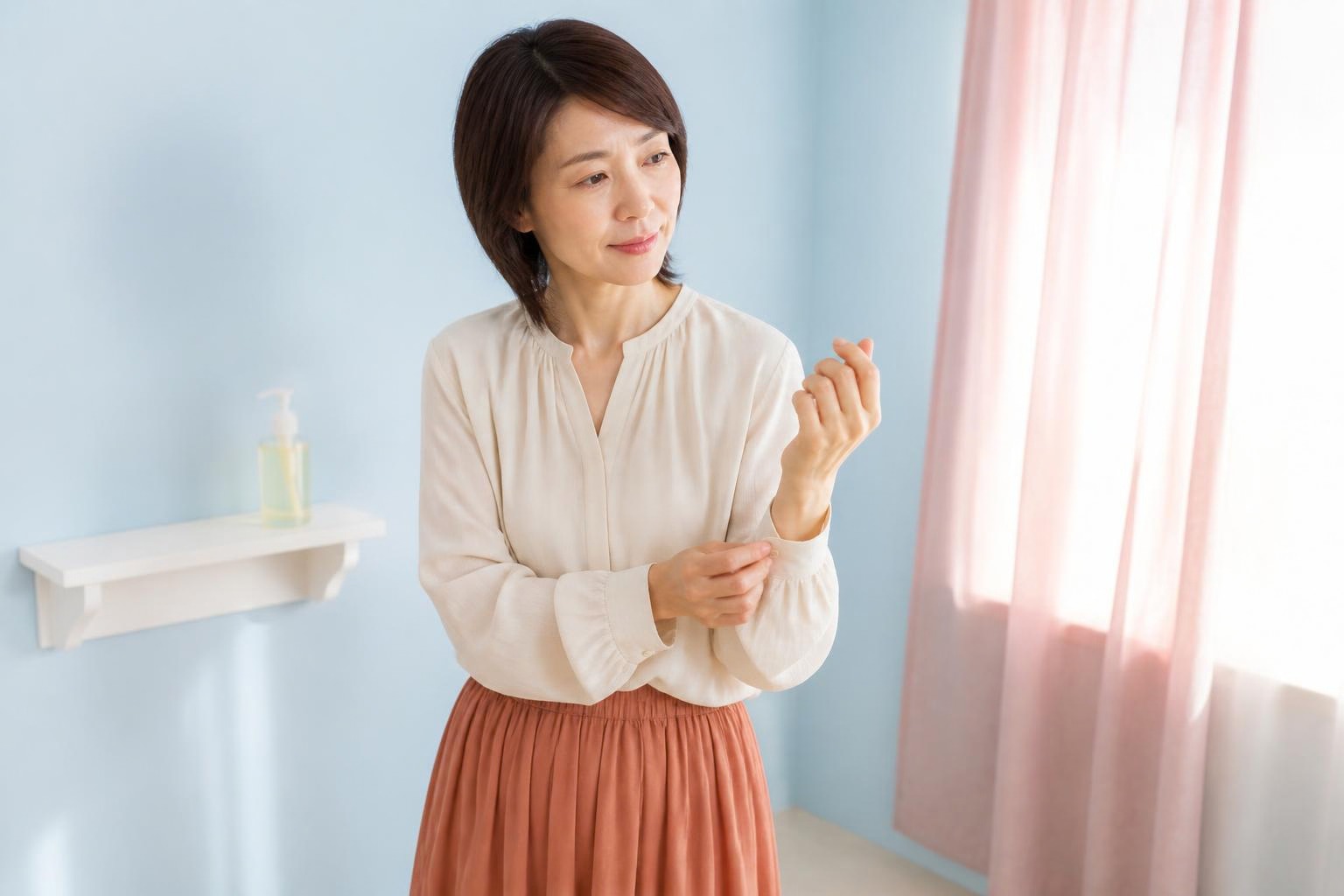 明るい朝の部屋で白いブラウスの袖口を整える女性