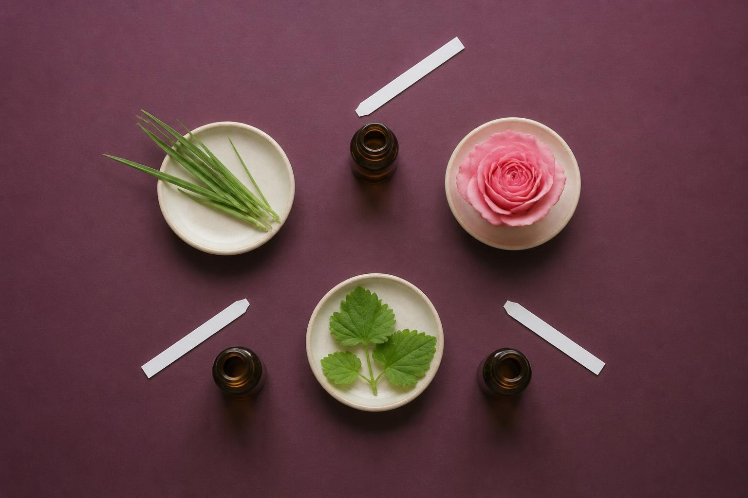 草・花・葉の印象を三つの皿とムエットで表した比較のイメージ