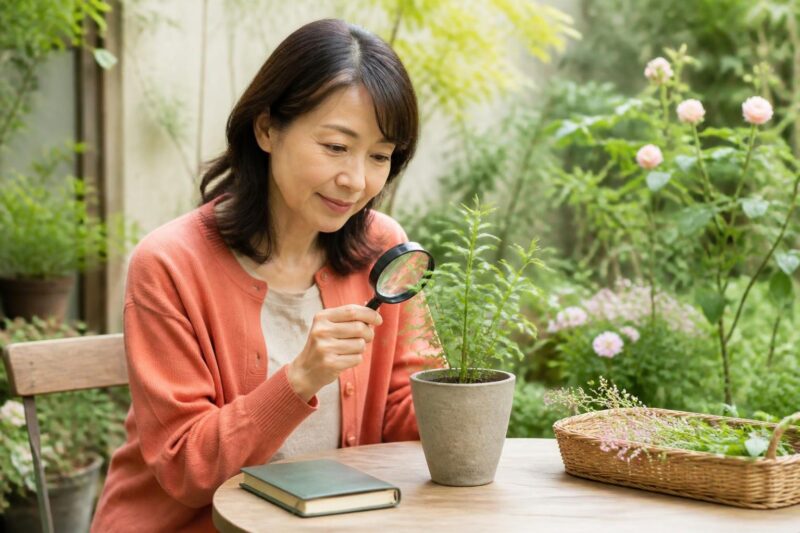 庭のテーブルで鉢植えのハーブを虫眼鏡で観察する女性