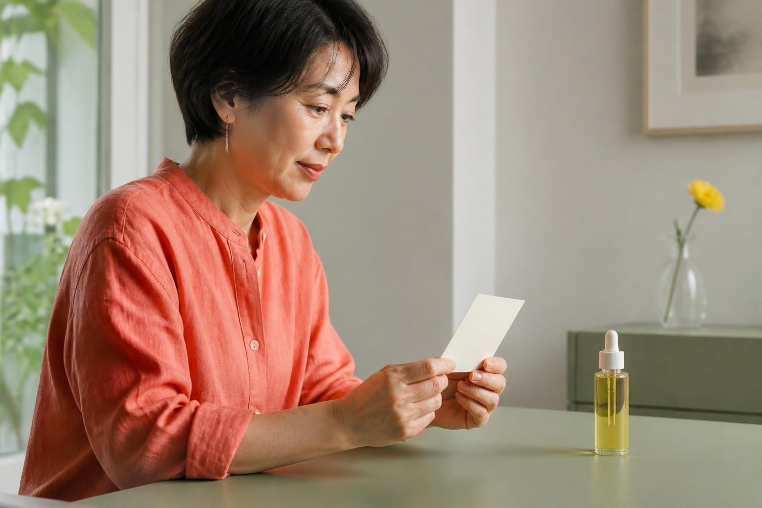 窓辺で化粧品の説明カードに目を向けるコーラル色の服の女性