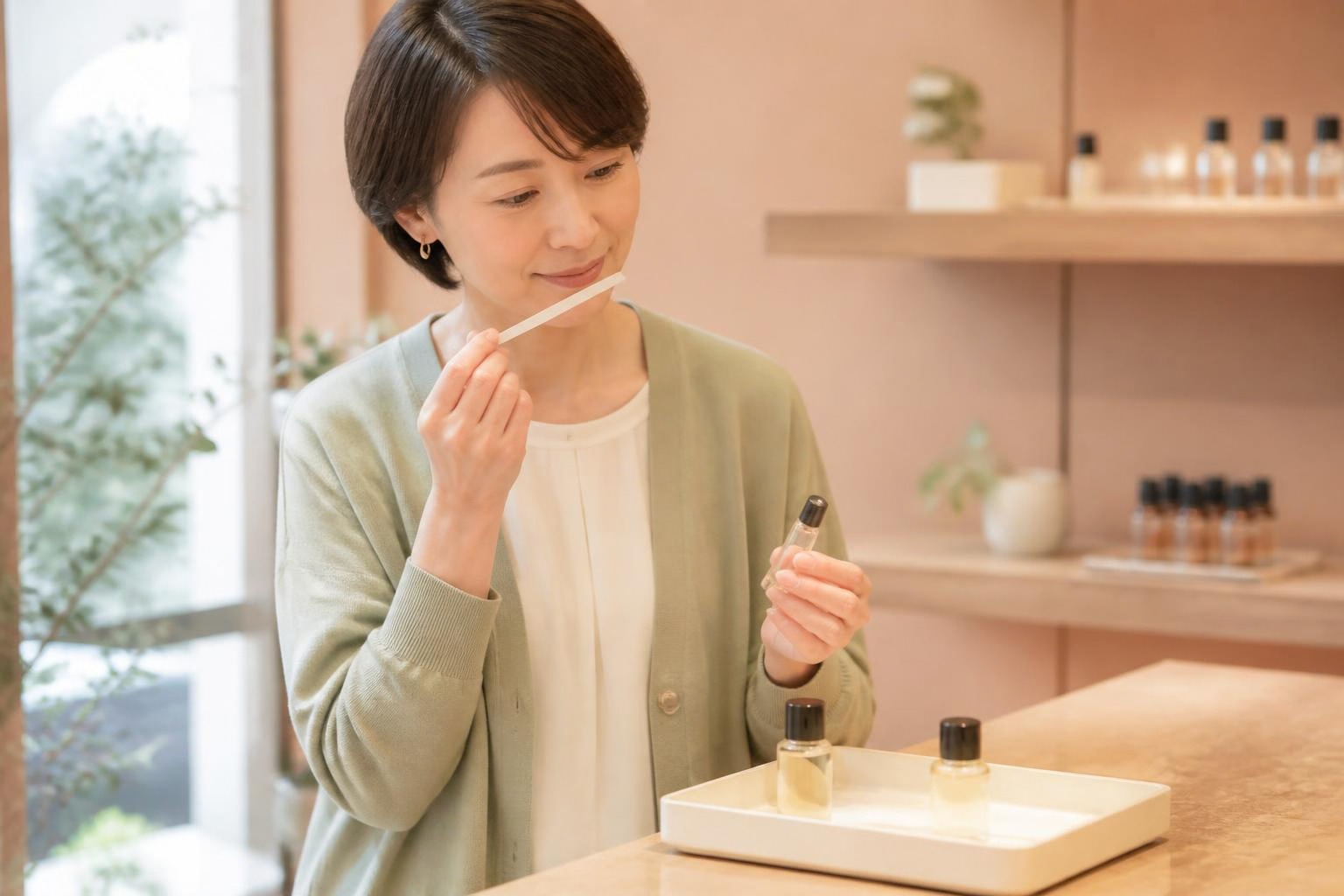淡い緑のカーディガンを着た女性が店頭でムエットの香りを試す様子