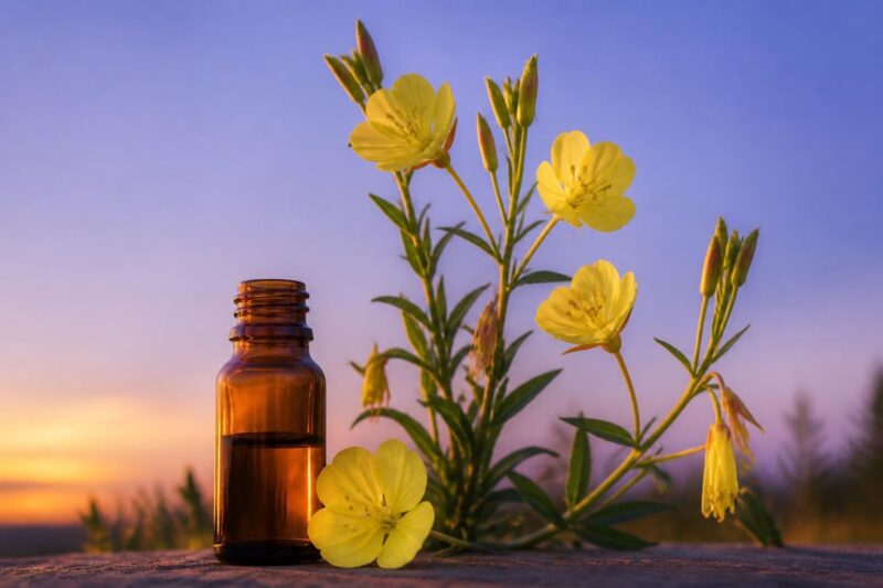 夕暮れの青紫の空と黄色い月見草の花、琥珀色のオイル瓶