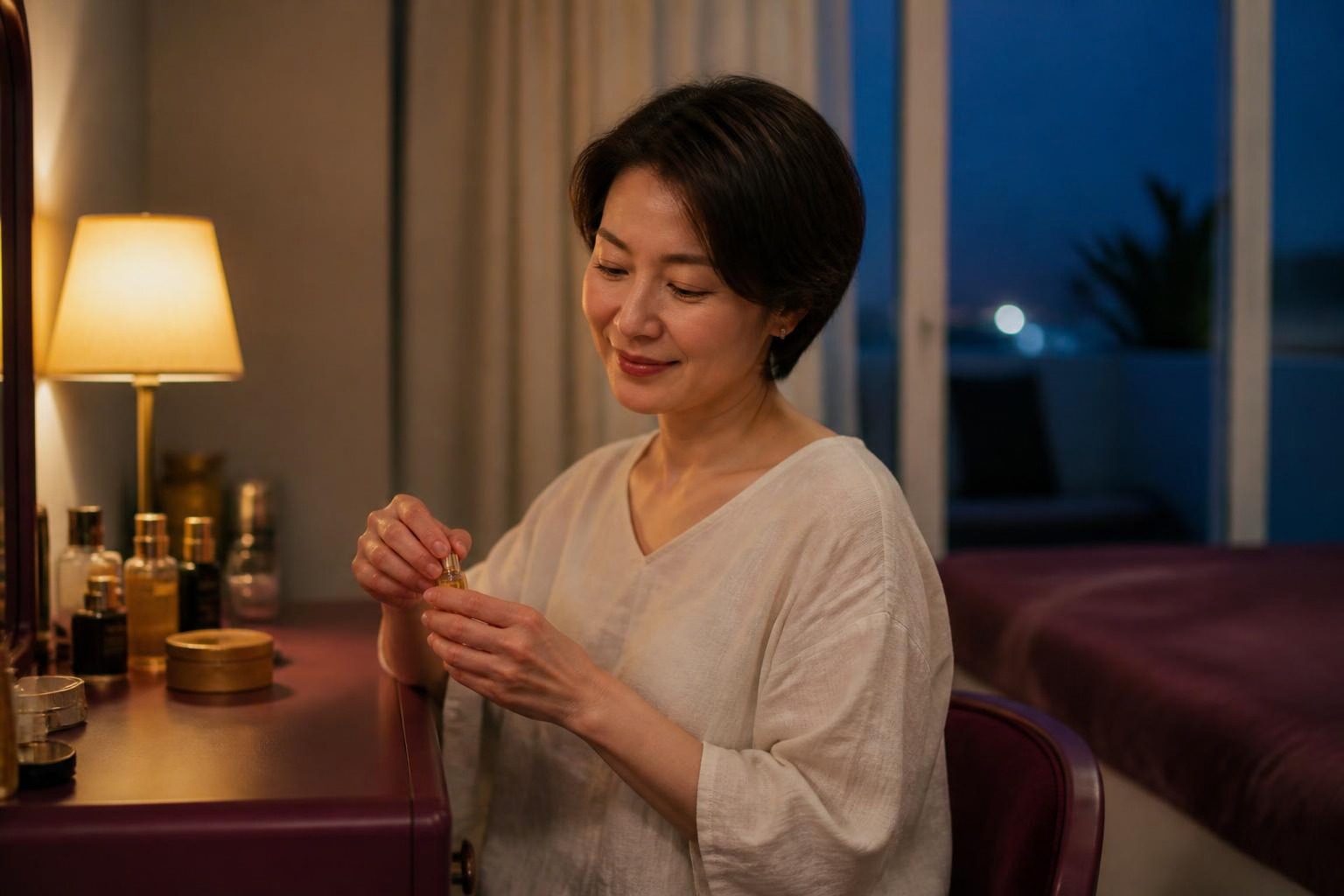夜の鏡台で小さなオイル瓶を閉じる女性