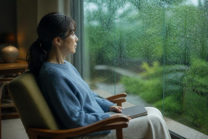 本を膝に置き、雨粒のついた窓から庭を眺める女性