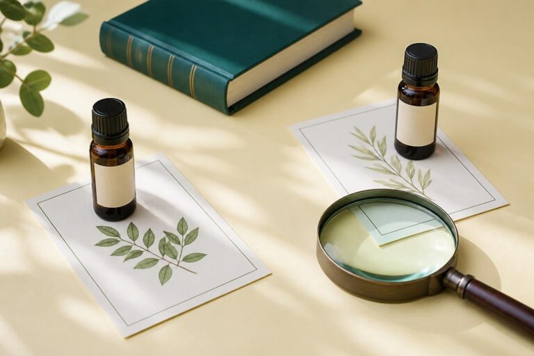 植物の資料と二本の精油瓶を並べ、名前や表示を見比べるイメージ