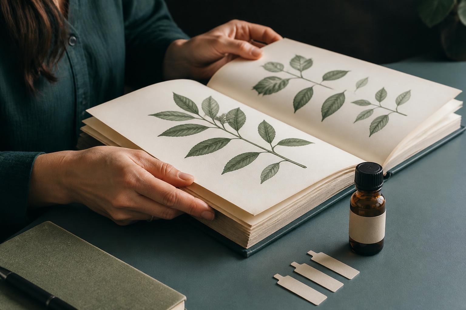 植物の図がある資料を開いて原料の情報を確認する手元