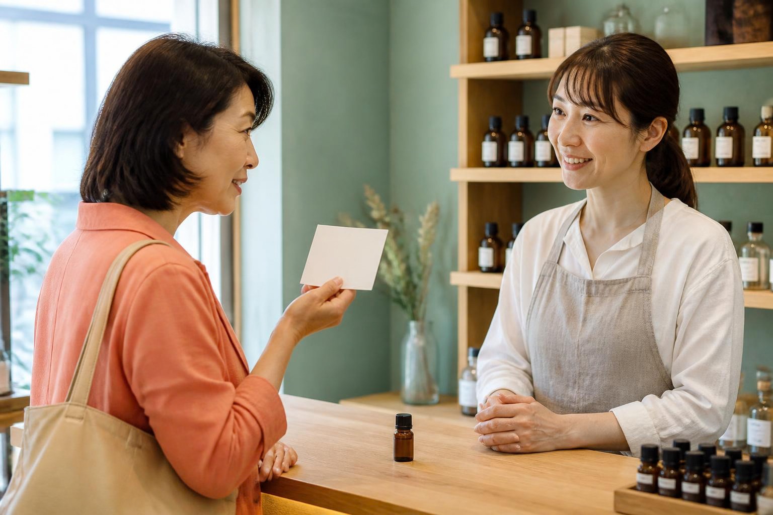 販売店でメモを見せながら精油の表示について尋ねる女性