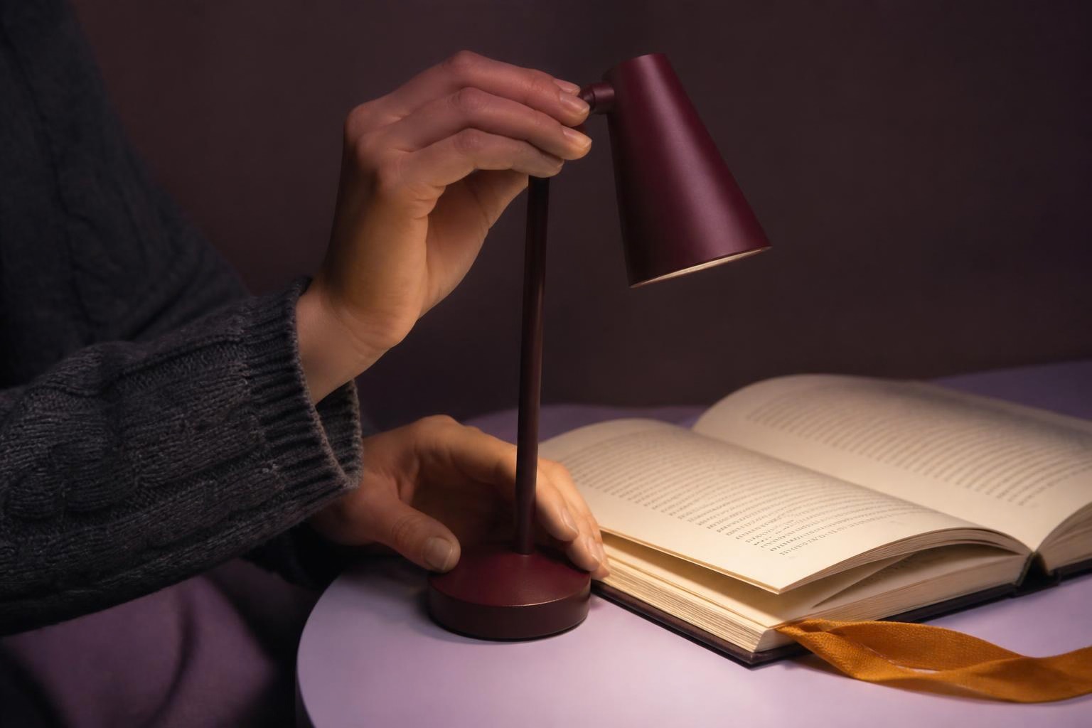 開いた本を照らす赤紫の読書灯の向きを調整する手元