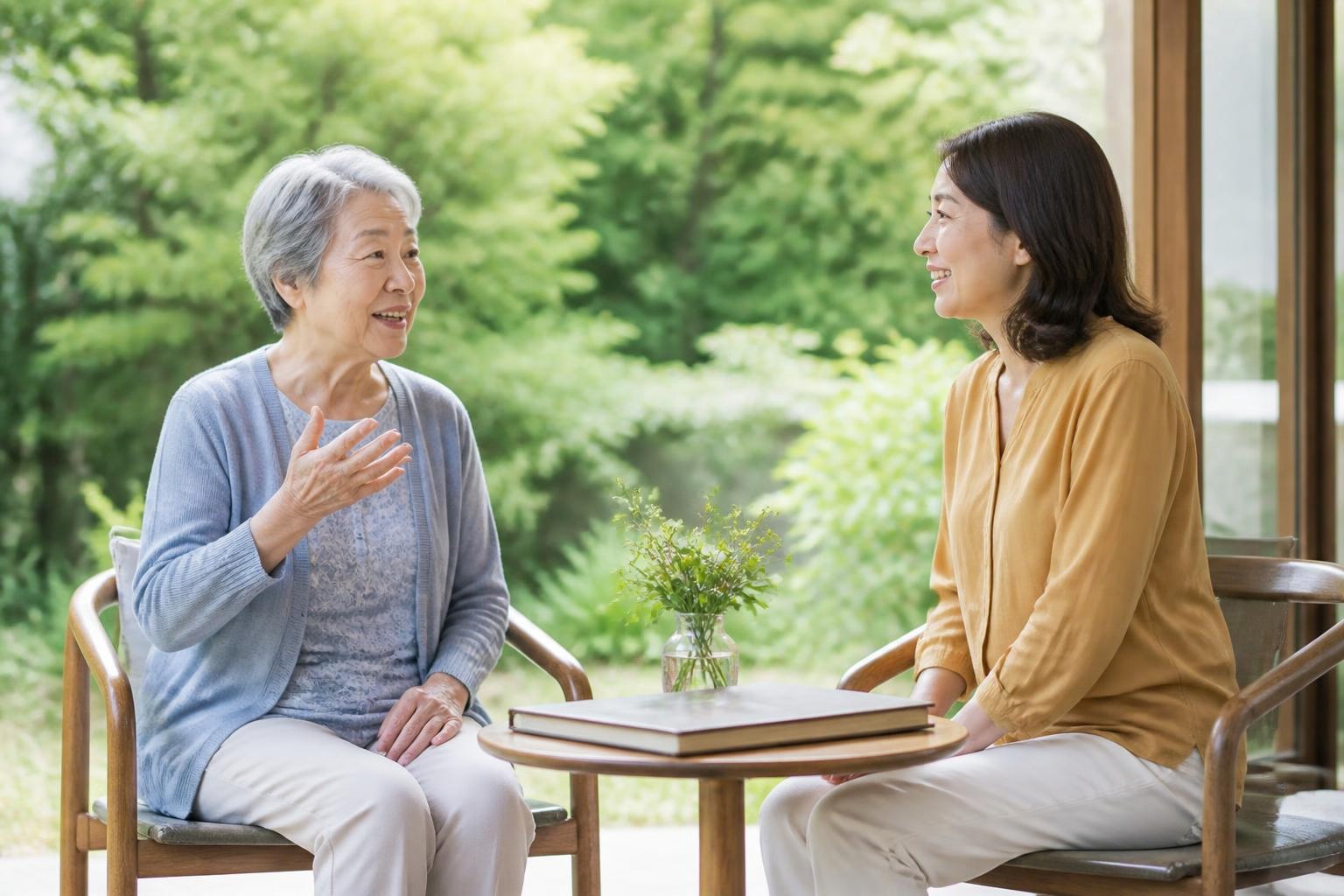 緑の庭を背景に思い出を話す高齢の女性と耳を傾ける家族